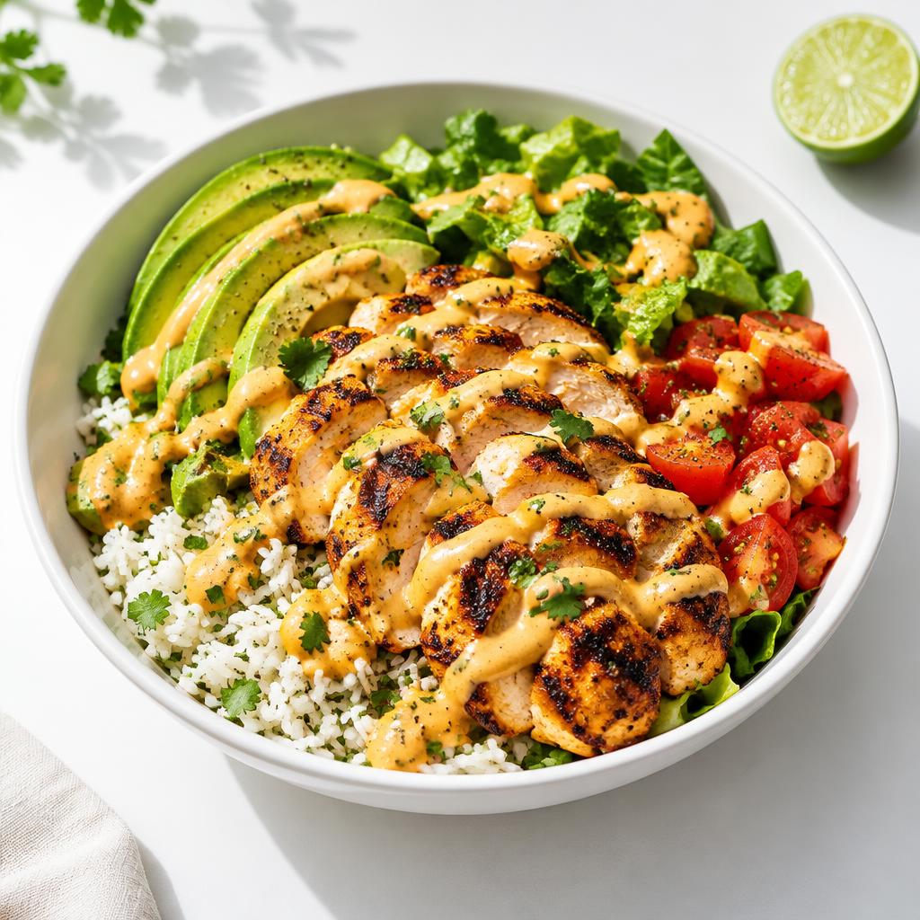 Idea para servir: bowl de pollo, verduras y salsa de chipotle