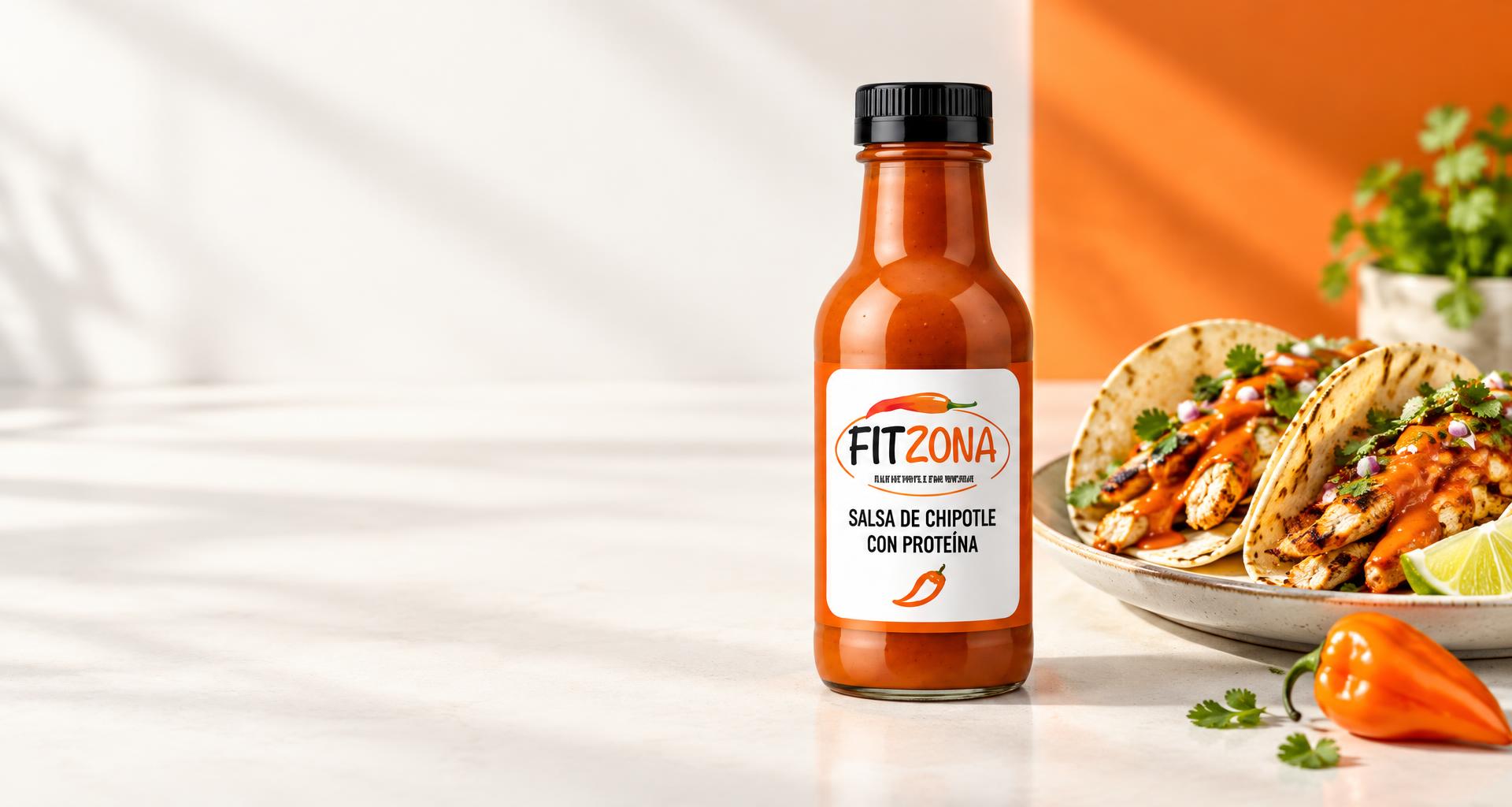 Botella FITZONA de salsa de chipotle con proteína junto a tacos